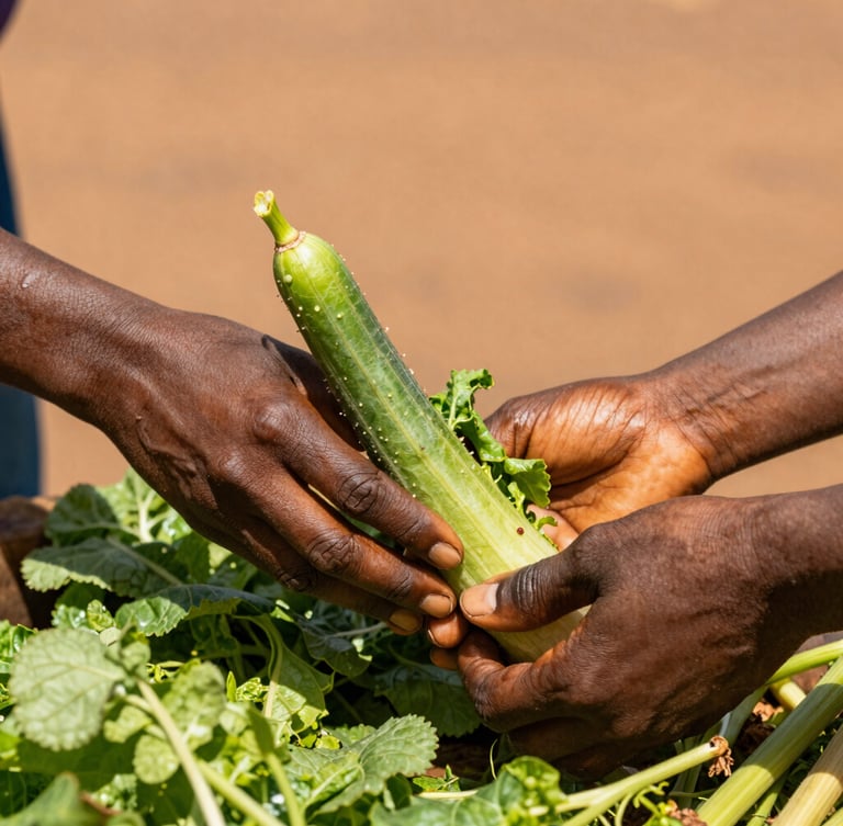 Vue rapprochée de mains de femmes camerounaises récoltant des légumes verts sous le soleil éclatant de Maroua, terre ocre en arrière-plan, cadrage serré et dynamique.