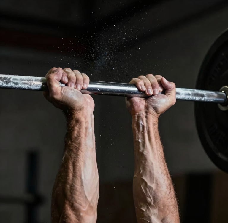 Dramatic low-key close-up of a lifter's hands gripping a knurled steel barbell, chalk dust suspended in the air, high-contrast directional lighting emphasizing muscle definition, dark background.