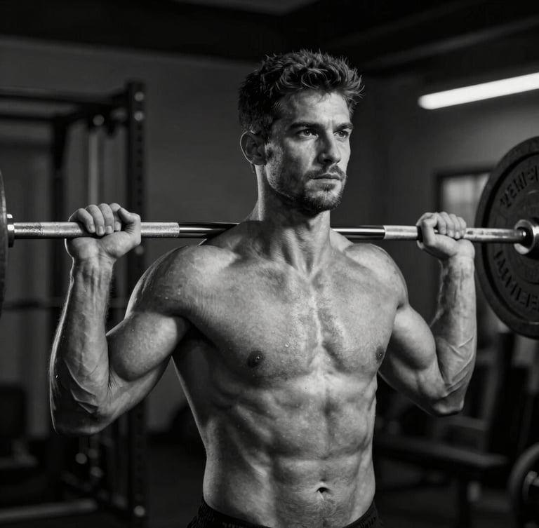 Dramatic black and white portrait of a male strength coach in a dark gym, strong side key light highlighting muscle definition, holding a heavy barbell across his shoulders.