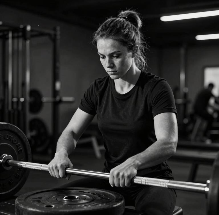 Dramatic black and white portrait of a female athletic trainer in a dark gym, low-key lighting, focused expression, adjusting steel plates on a barbell.