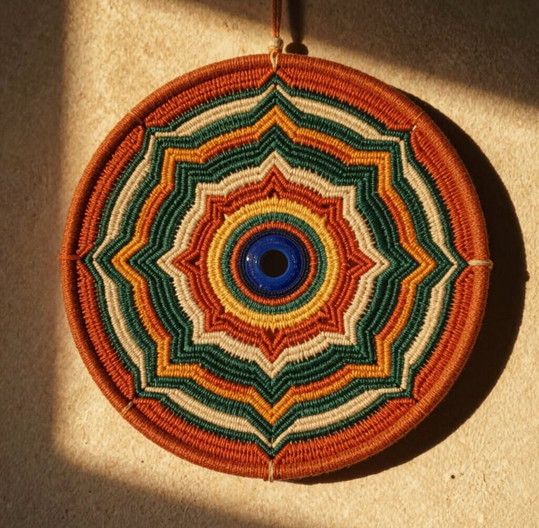 Close-up of a beautifully completed Ojo de Dios mandala hanging on a rustic wall, warm afternoon sunbeams illuminating the colorful threads, 35mm photography
