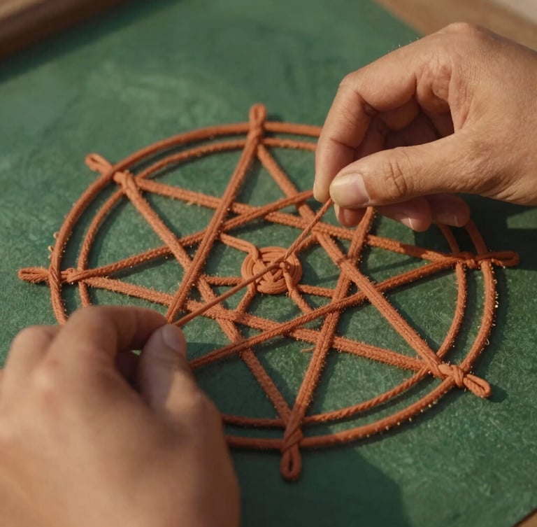 Close-up of hands weaving a sacred geometry mandala with terracotta threads, warm golden-hour sunlight casting soft shadows, 35mm photography