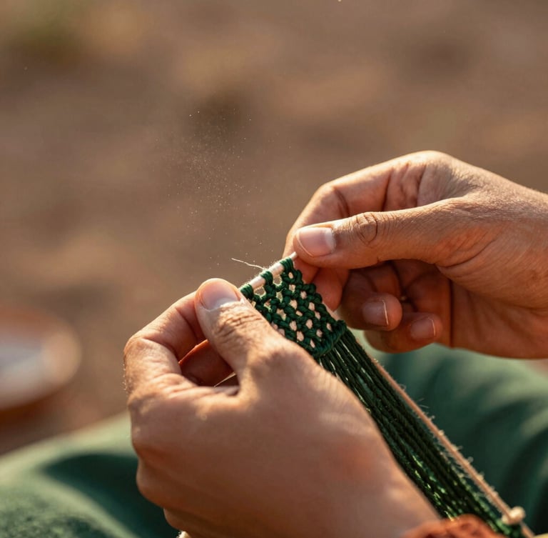 Hands of an artisan weaving intricate macramé threads under warm golden-hour sunlight, dust particles in the air, shallow depth of field, 35mm
