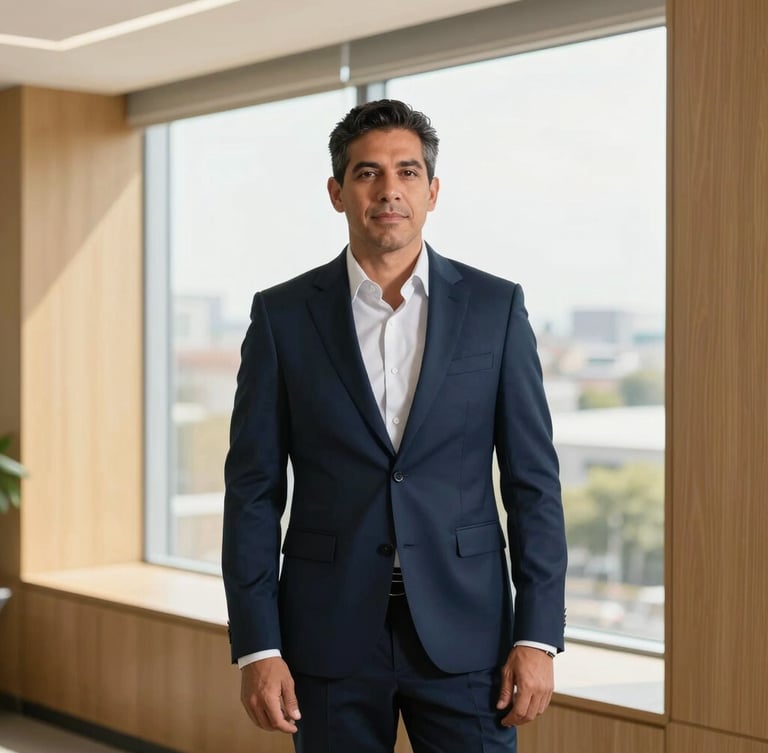 Professional corporate portrait of Lic. Edgar Manríquez in a modern office, warm natural light, looking confident, wearing a navy suit, clean architectural lines of Ciudad Juárez visible through a window, editorial 35mm