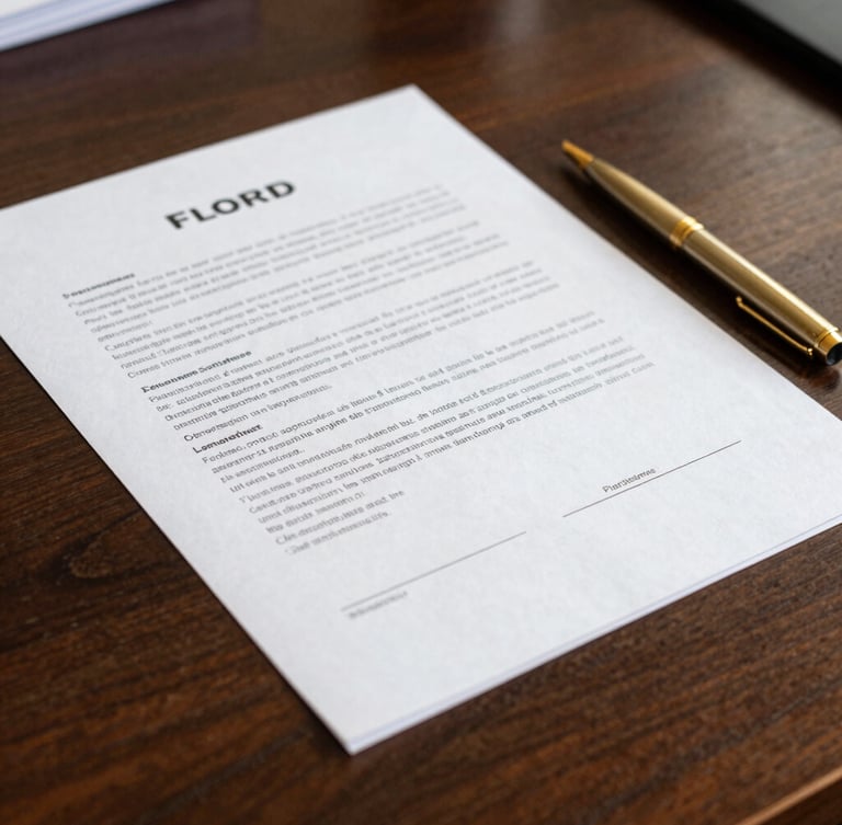 Close-up of signed legal contracts on a dark wood desk with a gold pen, sharp daylight, warm gold tones
