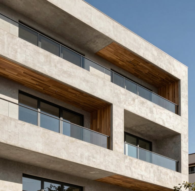 Professional architectural close-up of a modern residential facade under the bright Juárez sun, clean lines, concrete and warm wood details, editorial corporate photography