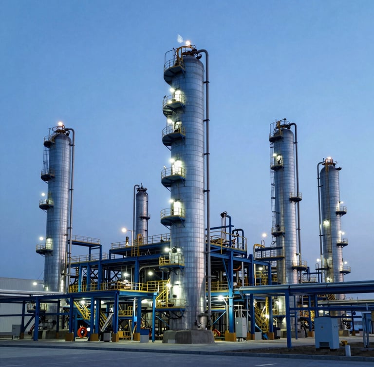 Wide-angle architectural shot of a modern petrochemical refinery at dusk, sharp metallic structures, cool blue architectural lighting, 35mm crisp photography.