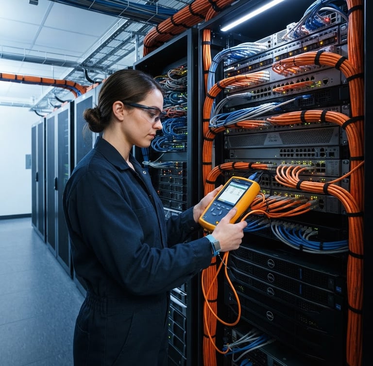 Sharp technical photography of a technician diagnosing a glowing server rack in a clean server room, bright workshop lighting, cool slate tones with emergency orange cables, 35mm