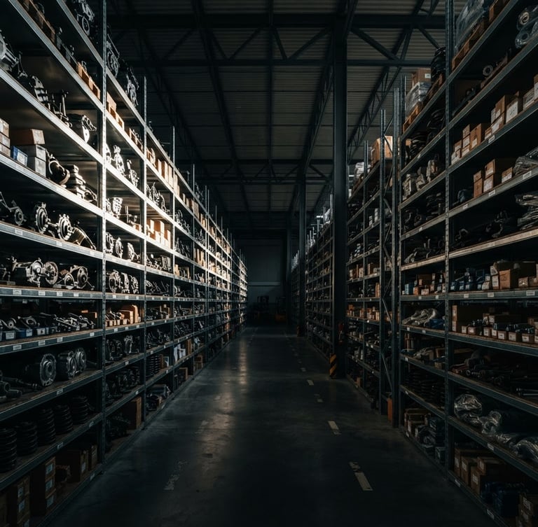 Wide-angle shot of a modern, highly organized warehouse interior, dramatic high-contrast side lighting highlighting rows of shelves with neatly stacked auto parts, metallic textures, 50mm lens, no people.