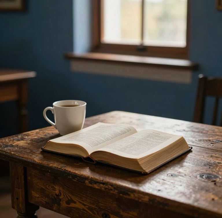 Bíblia aberta sobre uma mesa de madeira rústica, com uma xícara de café ao lado e luz natural suave entrando pela janela, ambiente calmo e acolhedor