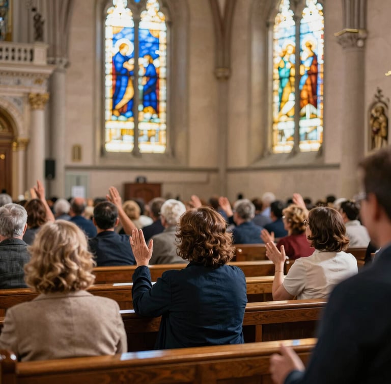 Wide shot of a church service from the back, showing people with raised hands during worship, warm natural light from stained glass, deep blue and golden tones, authentic expressions, 35mm lens.