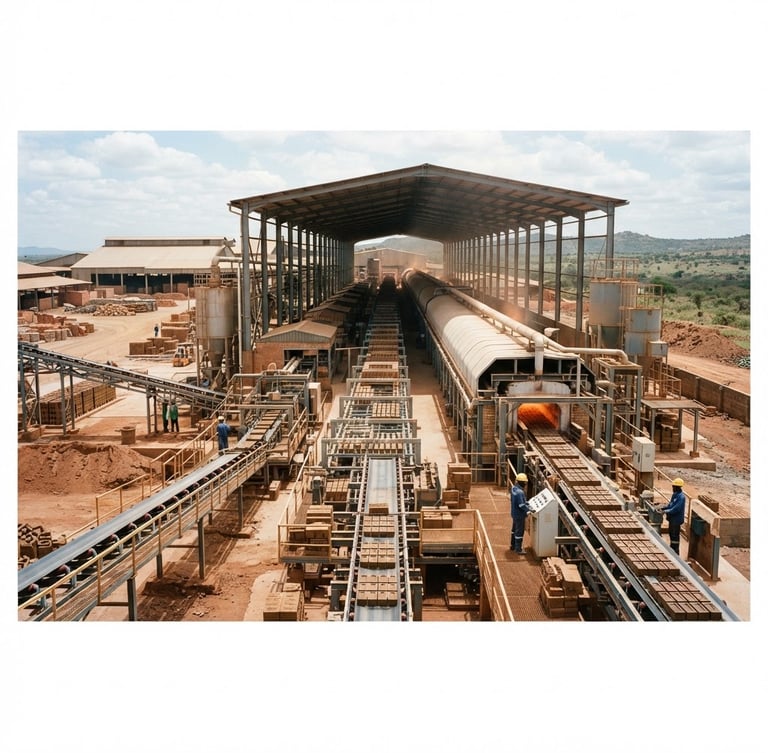 Wide environmental shot of a massive automated kiln production line in Kenya, bright industrial daylight, sharp focus, 35mm
