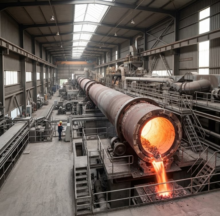 Wide environmental shot of a massive industrial kiln glowing with heat, clean architectural daylight, sharp focus, 35mm