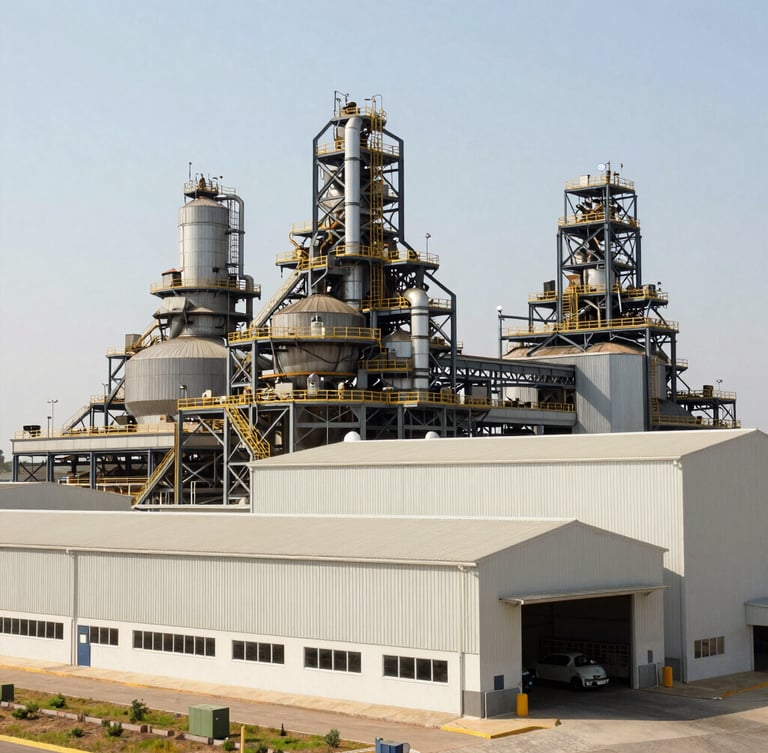 Wide environmental shot of a massive modern Twyford manufacturing plant in Kenya, bright industrial daylight, sharp focus, 35mm