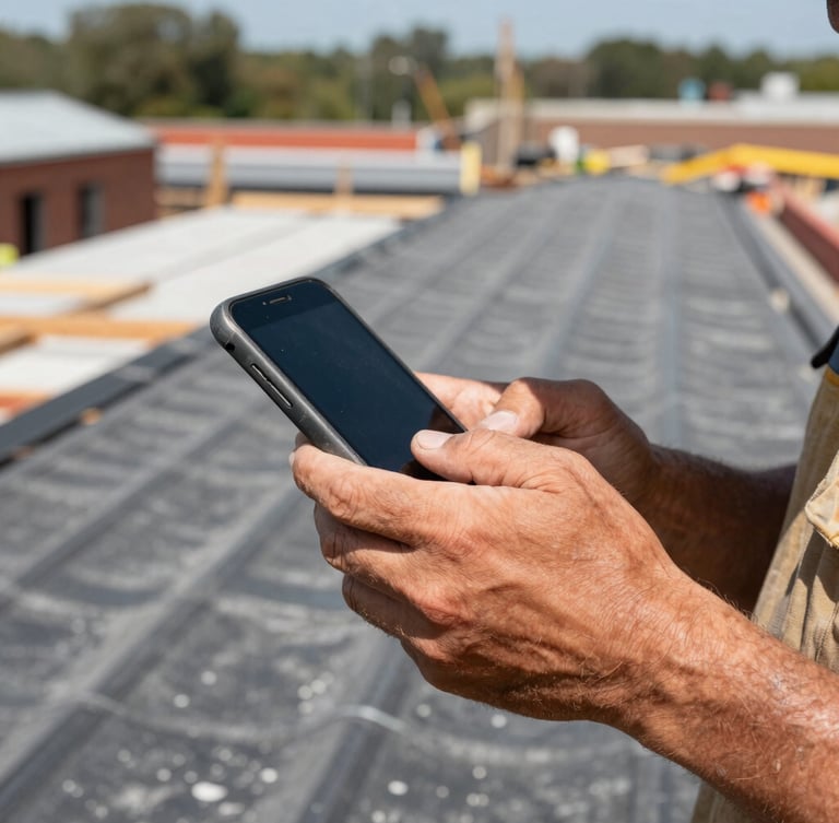 Close-up of a contractor's weathered hand holding a rugged smartphone on an active roofing job site, bright natural daylight, sharp focus, 35mm lens.