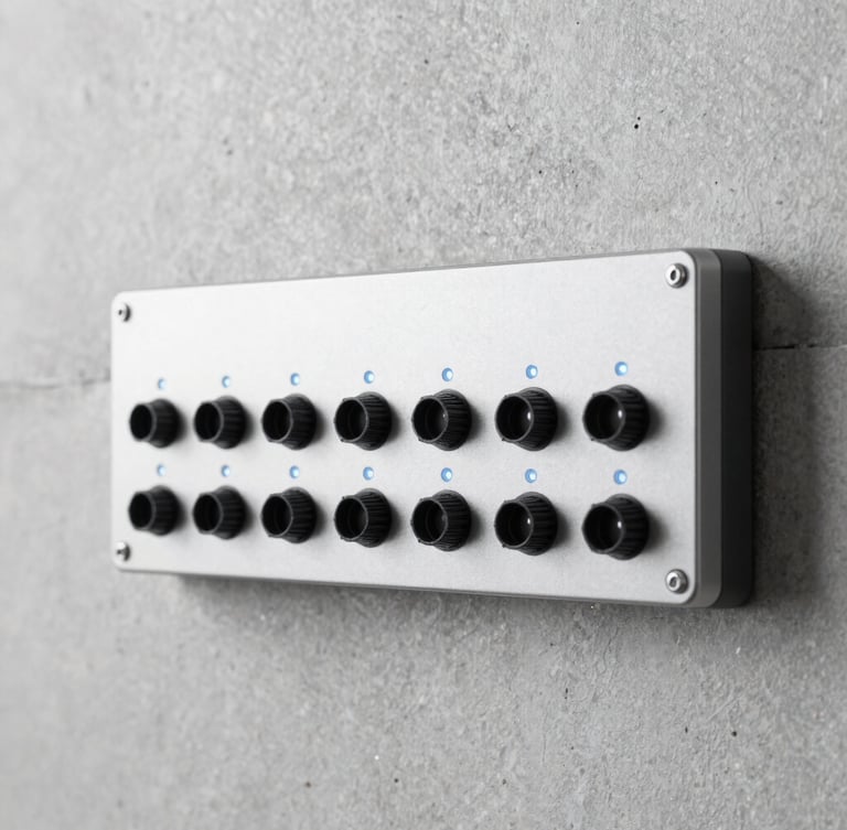 Close-up of technical hardware interface mounted on a concrete wall, subtle blue LED accents, sharp focus, 35mm