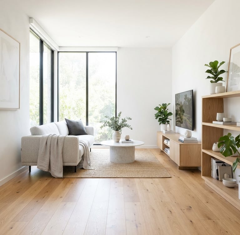 Bright high-key interior photography, natural window daylight streaming onto immaculate wooden floors and clean minimalist furniture, architectural lens, 35mm
