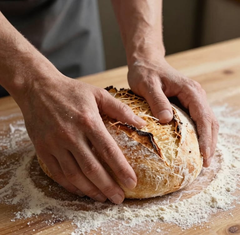 Macro close-up of hands kneading sourdough on a floured wooden surface, warm side-lighting with soft Scandinavian shadows