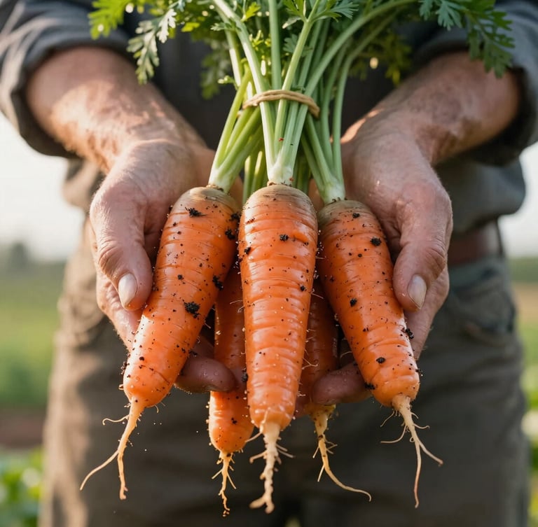 A close-up, low-angle shot of a farmer's hands holding heirloom carrots with damp soil clinging to the roots, warm morning light, soft Scandinavian daylight.