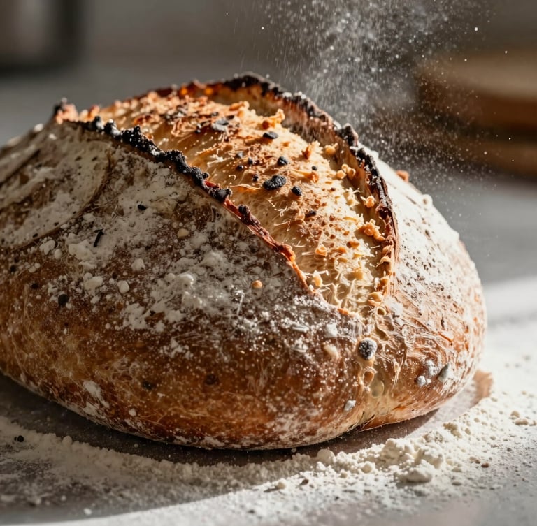 Extreme macro close-up of crusty sourdough bread being sliced, flour dusting the air, warm kitchen shadows.