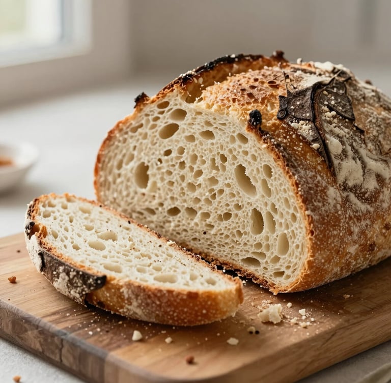 Macro shot of fresh sourdough bread being sliced on a rustic wooden board, crumbs scattering, soft natural morning light