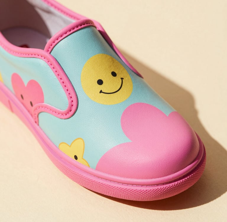 Close-up macro of a quirky retro shoe with vibrant patterns on a cream surface, warm direct studio lighting with sharp shadows, 35mm