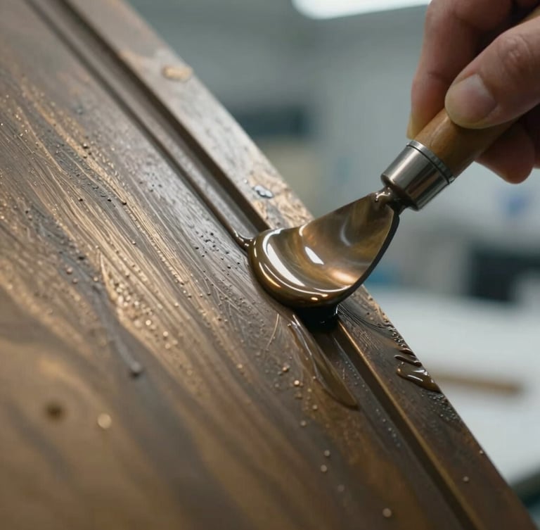 Extreme close-up of liquid bronze being troweled onto a curved architectural panel, harsh raking light highlighting metallic particles and wet texture, cool laboratory atmosphere.