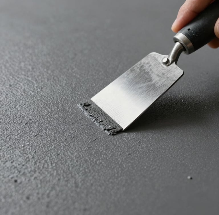 Extreme close-up of a dark gray microcement surface being smoothed with a steel trowel, harsh raking light showing high-precision texture, laboratory grade.