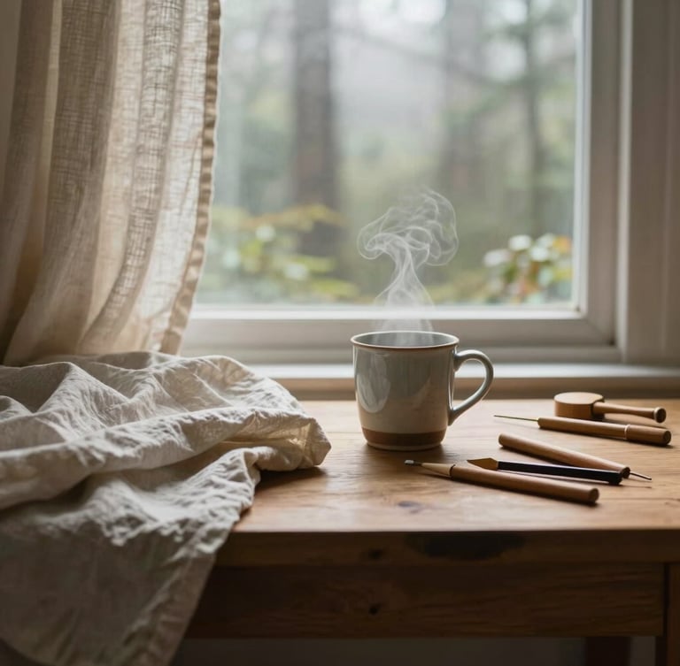 A quiet, airy studio corner overlooking a misty forest. A wooden table holds a steaming ceramic mug, soft linen fabrics, and natural wooden embroidery tools.