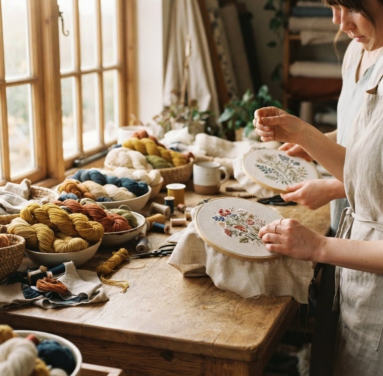 A bright, sun-drenched workshop studio with wooden tables, soft morning window light highlighting skeins of organic wool, linen textiles, and hands holding embroidery hoops.