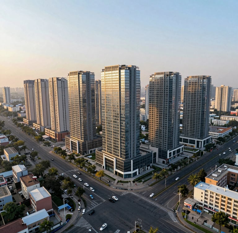 Aerial wide-angle view of Gurgaon modern highway infrastructure and high-rise luxury residential communities during golden hour, crisp lighting