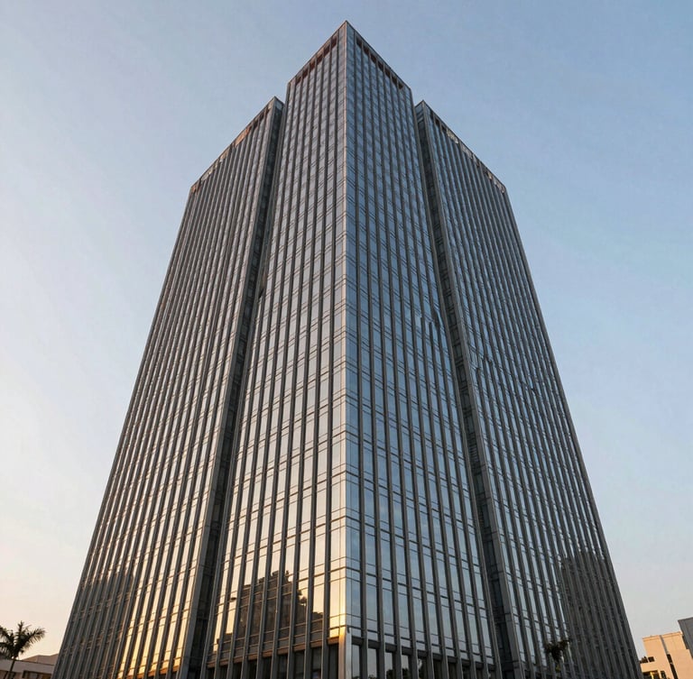 Wide-angle architectural elevation of a modern Grade-A commercial tower in Gurgaon at golden hour, sharp glass facade reflecting warm sunlight, clean lines.