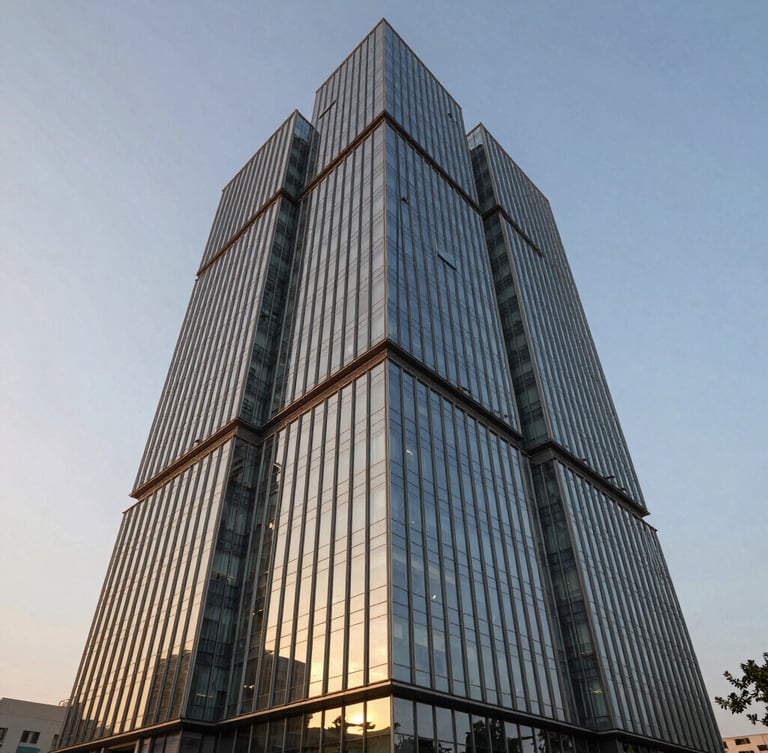 Editorial architectural photography of a modern luxury glass commercial tower in Gurgaon during golden hour, sharp angles, reflecting warm sunlight, wide lens