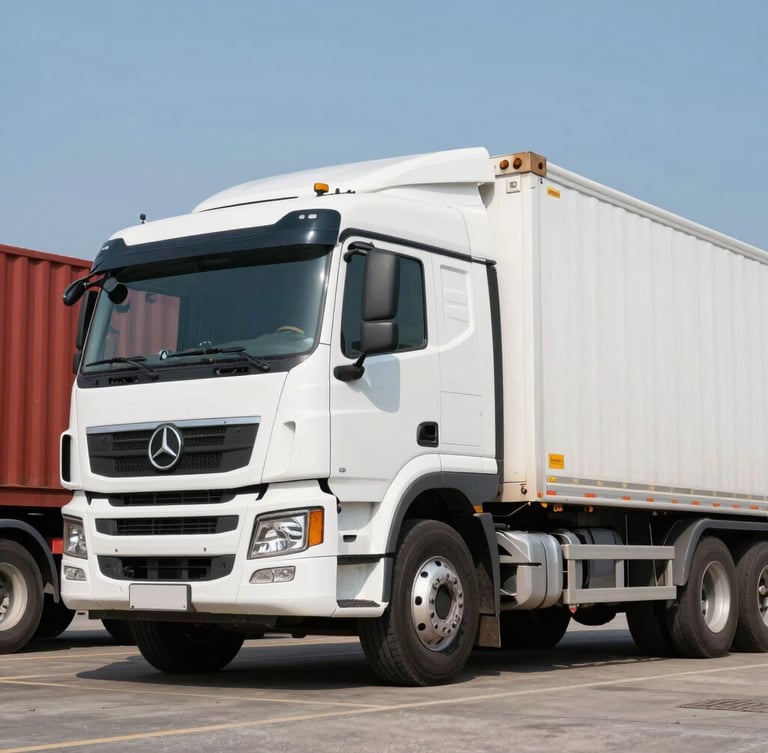 Low-angle heroic shot of a heavy-duty white transport truck parked on a clean asphalt terminal under bright daylight, sharp metallic details, safety-red cargo container visible in the background.