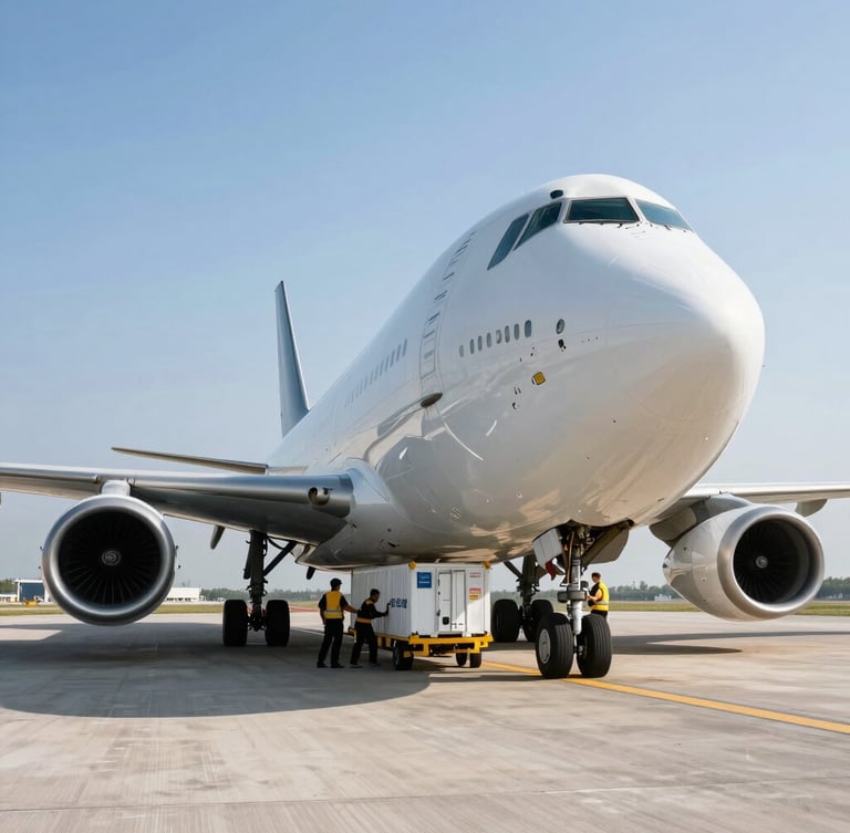 Low-angle heroic shot of a large cargo aircraft parked on a bright European runway, ground crew securing freight containers under crisp daylight, high contrast.