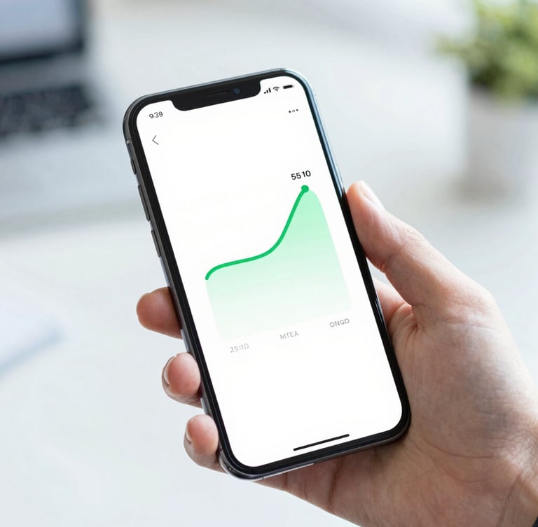 A sleek modern smartphone held in hand showing a clean fintech interface with a green success timeline, bright daylight, shallow depth of field