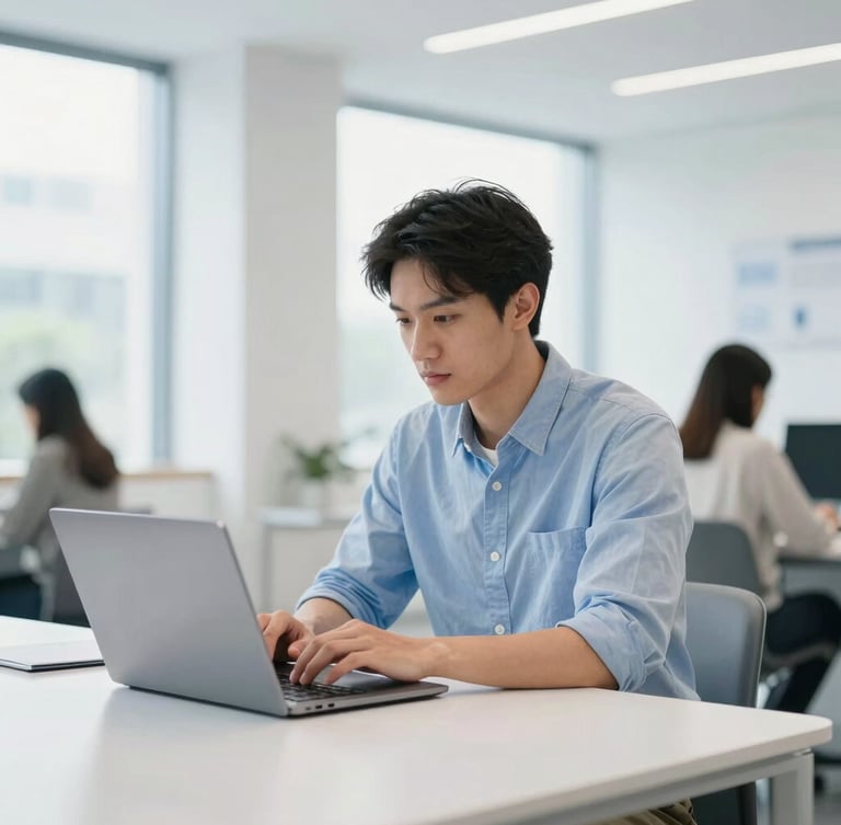A professional global citizen working on a laptop in a bright, modern, daylight-filled co-working space, clean white and cool blue tones