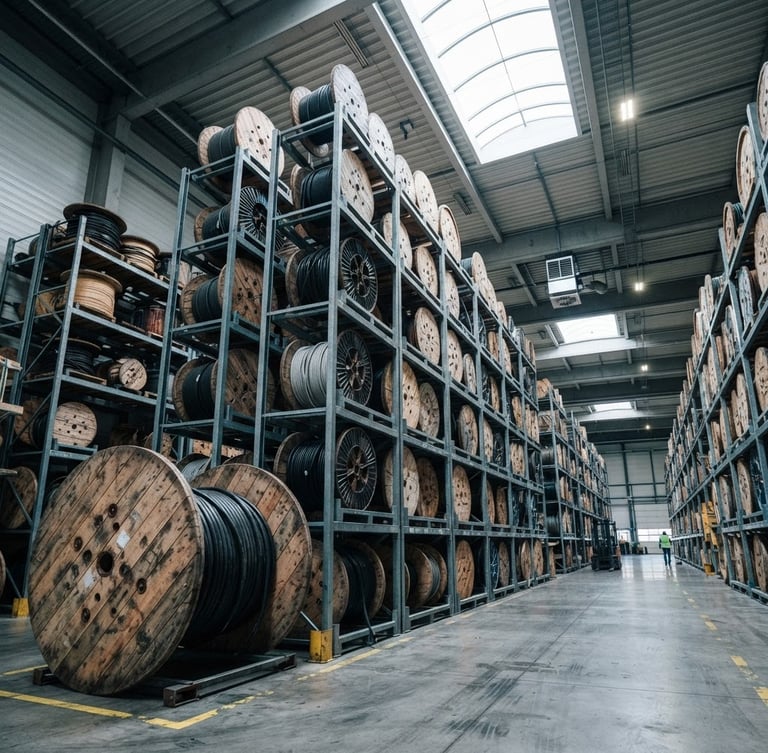 Low-angle wide shot of massive industrial cable drums stacked in an organized warehouse, cool metallic tones, sharp focus, 35mm lens.