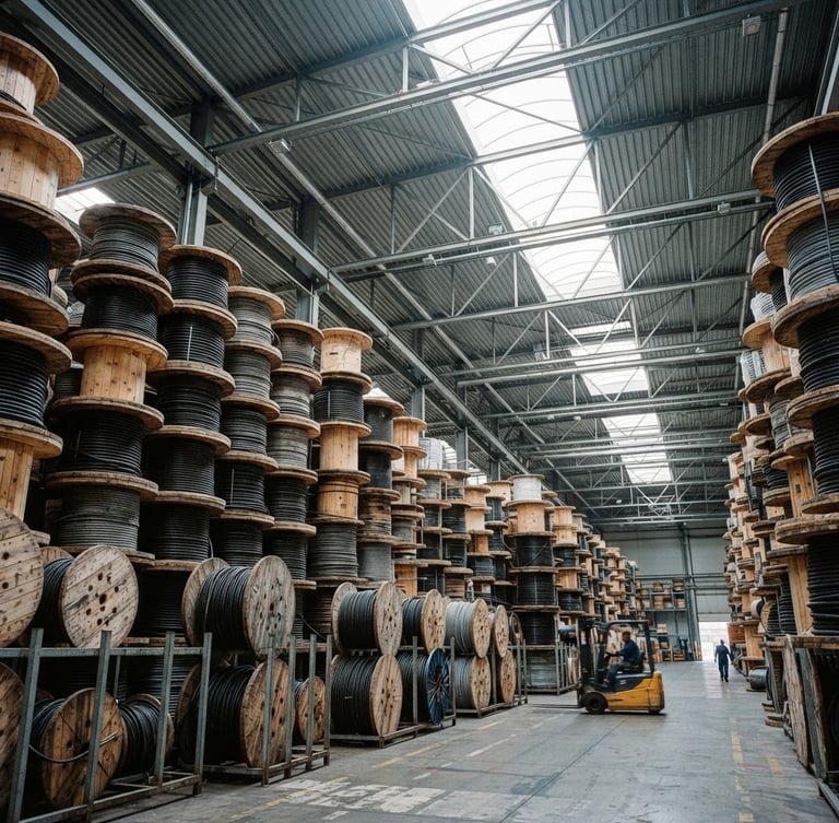 Low-angle wide shot of massive industrial cable drums stacked in an organized high-ceiling warehouse facility, natural warehouse skylight, cool metallic tones, sharp focus, 35mm lens