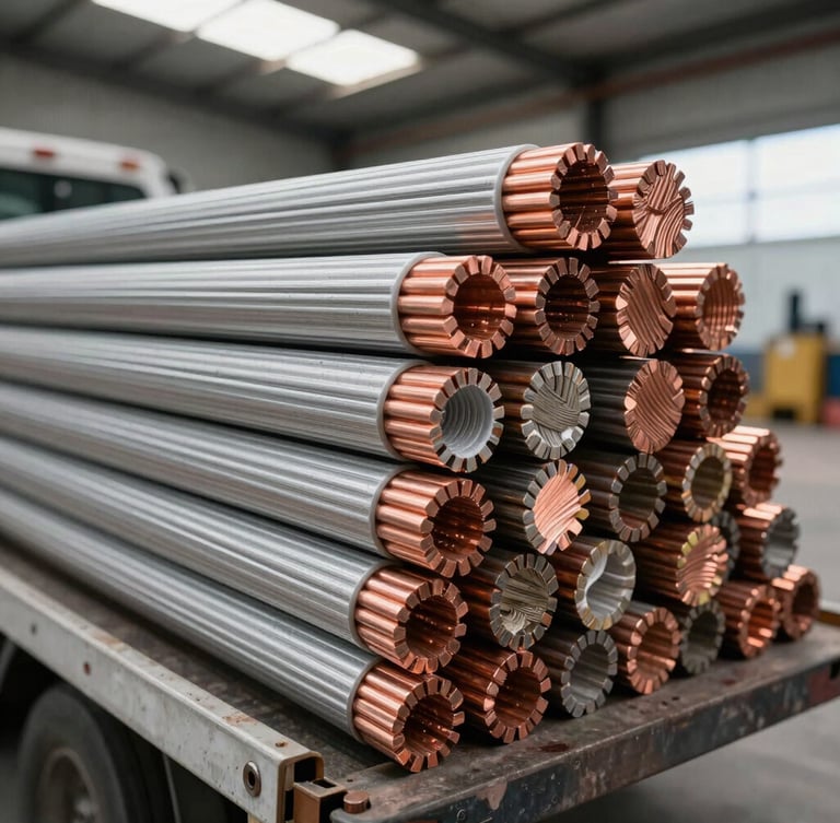 Close-up of thick copper and aluminum cable cross-sections showing insulation layers, stacked on a delivery truck bed at a warehouse dock, natural daylight, sharp focus.
