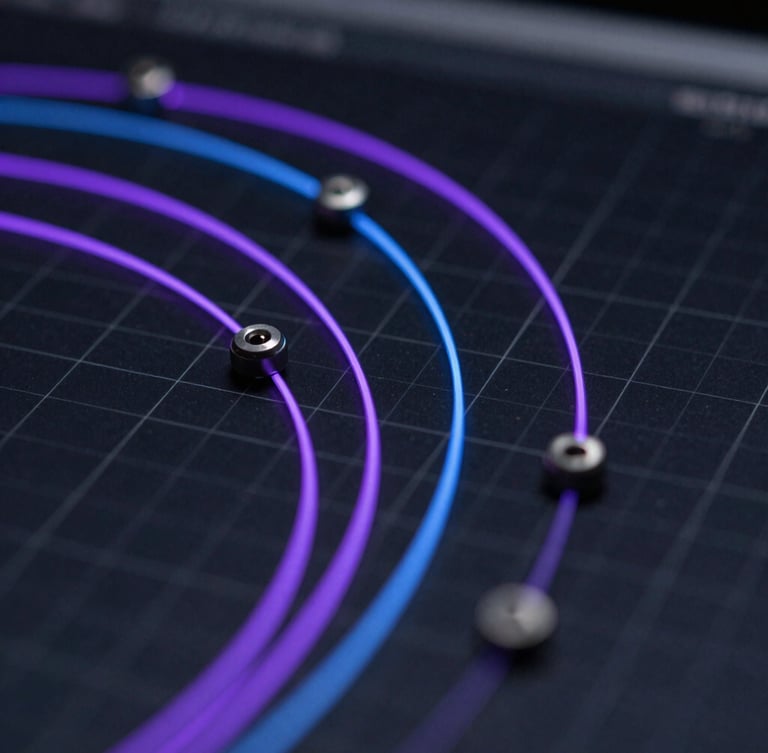 Macro crop of bezier curves and keyframe handles in a dark software viewport, glowing purple and blue vector paths, technical UI grid.