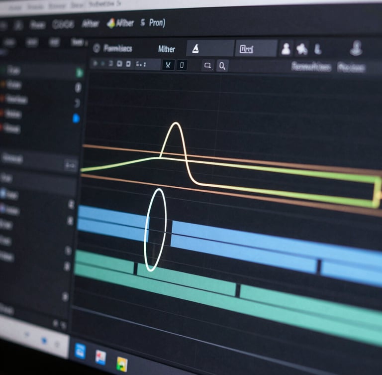 Macro close-up of a complex vector path with glowing bezier handles and keyframe graphs in a dark After Effects software interface