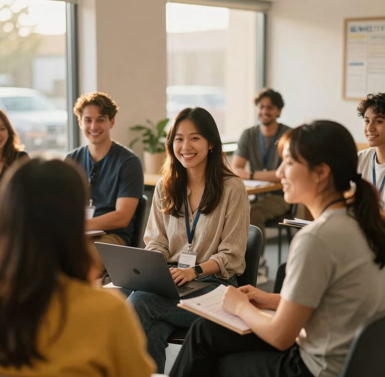 Warm editorial photography of an adult career coaching session in a bright Columbus community center, natural golden-hour light, mentors and participants collaborating with smiles, shallow depth of field, 35mm lens.