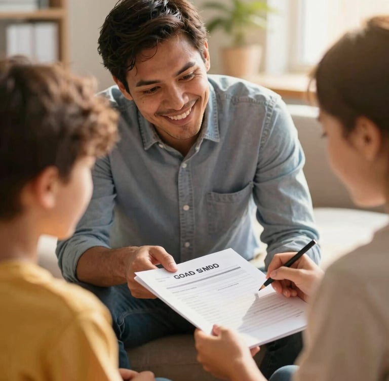 A community mentor guiding a participant through a goal-setting worksheet, warm natural light, focused and encouraging expressions, shallow depth of field