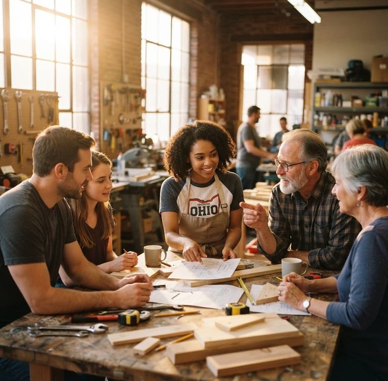 A warm editorial photograph of a modern community workshop space in Ohio, natural golden-hour light streaming through windows, community mentors and participants collaborating around a table, shallow depth of field, 35mm lens.