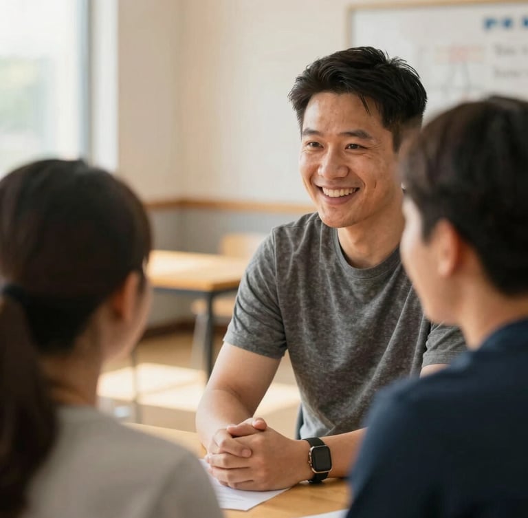 A close-up photograph of a career coaching session in a bright Columbus community center, a mentor guiding a participant with a smile, warm natural lighting, hopeful atmosphere, shallow depth of field, 35mm lens.