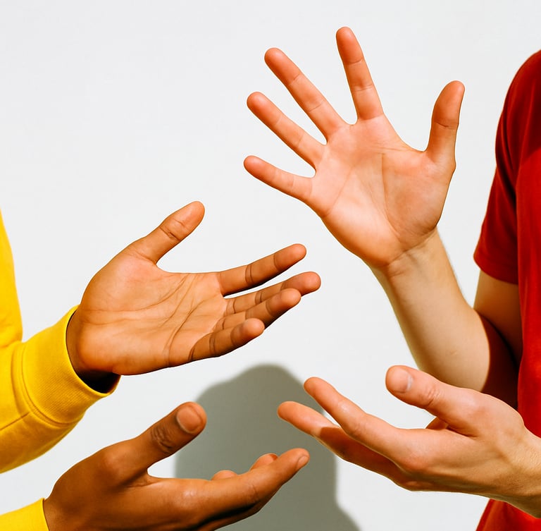 Bright editorial photo of hands gesturing in warm conversation, sunny natural daylight, clean white background, 35mm lens