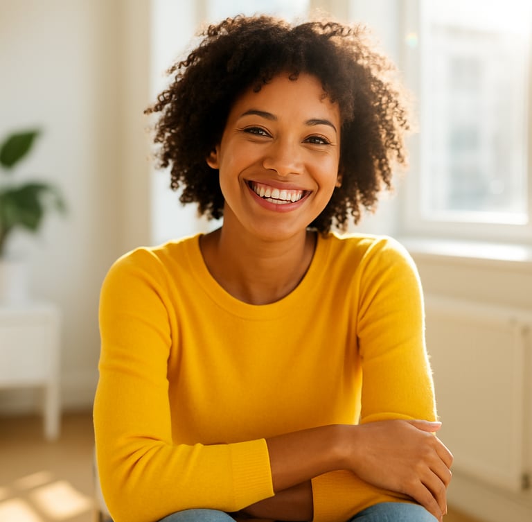 A bright environmental portrait of a smiling person sitting in a modern, sunlit room, warm natural daylight with soft sunny flares, clean high-contrast composition, 35mm lens