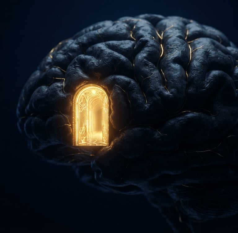 Macro close-up of a stylized 3D anatomical brain structure with a single illuminated golden doorway cutting through deep shadows, midnight blue background, cinematic lighting, 8k