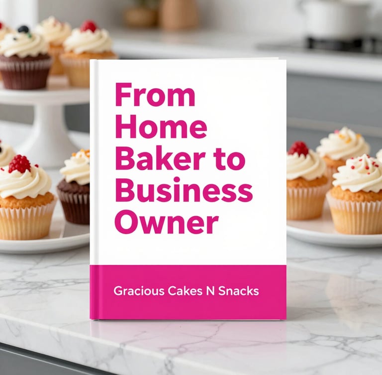 A professional book cover design for 'From Home Baker to Business Owner' by Gracious Cakes N Snacks, featuring a modern clean layout with hot pink accents, sitting on a marble kitchen counter next to fresh cupcakes, bright natural lighting